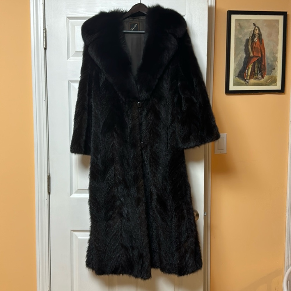 Famous Barr real mink coat with fox collar, size  M
